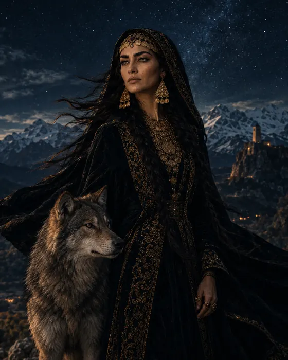 Samdzimari, the oracle, standing with a wolf under the night sky of the Caucasus mountains